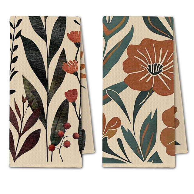ChissNook Vintage Boho Floral Kitchen Towels, Abstract Wildflower Botanical Dish Towels Drying Cloth for Kitchen, Mid Century Modern Boho Hand Towels for Bathroom, 16x24 Inch Set of 2