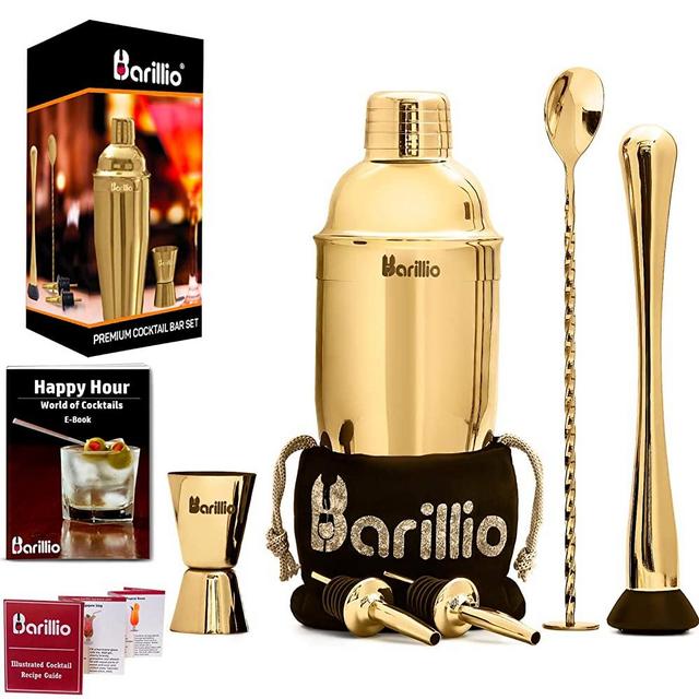 Gold Cocktail Shaker Set Bartender Kit by BARILLIO: 24 oz Stainless Steel Martini Mixer, Muddler, Mixing Spoon, jigger, 2 liquor pourers, Velvet Bag, Recipes Booklet & eBook