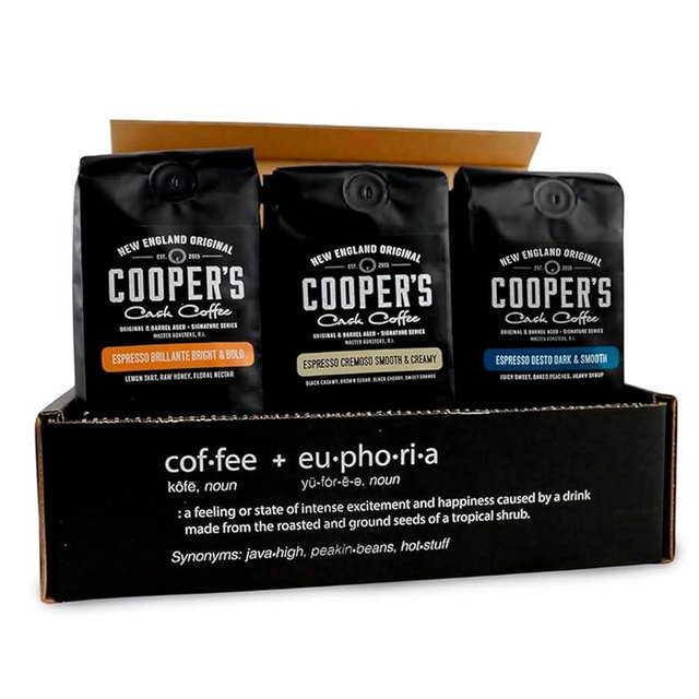 Espresso Box Set, Coffee Ground For Espresso, Sampler Gift Set Featuring Brazilian, Kenyan, & Ethiopian Coffee Beans, Light, Medium & Dark Roast Ground Coffee, 8 oz Bags, 24 oz Total