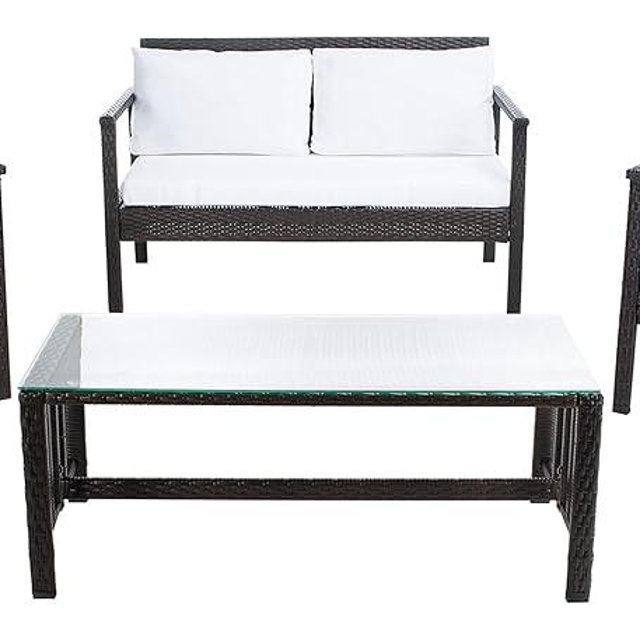 Safavieh Outdoor Collection Garnen Wicker Cushion 4-Piece Living Set PAT7714C, Brown/White