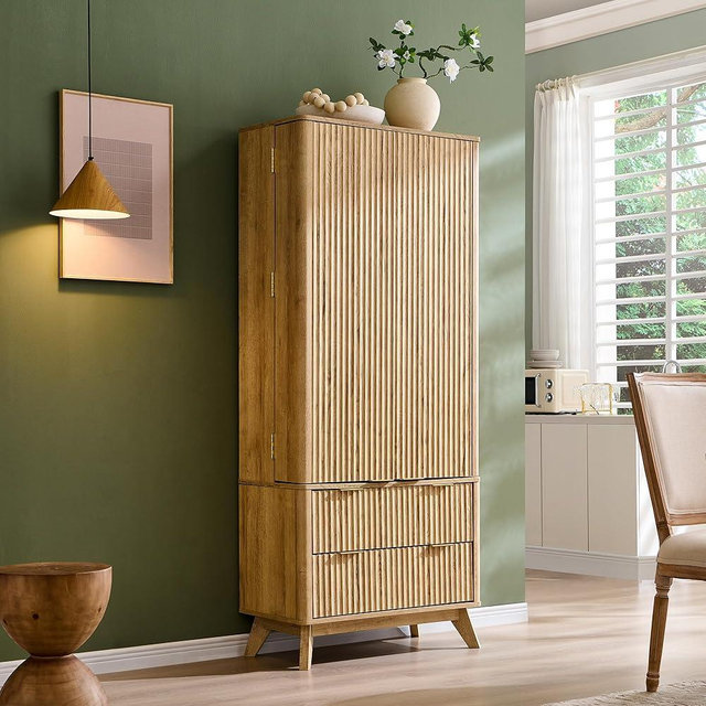 OKD Fluted Pantry Cabinet, Modern Kitchen Hutch, 72" Tall Storage Cabinet with 10 Door Shelves & 2 Drawers, Wood Cupboard for Kitchen & Living Room, Natrual Oak