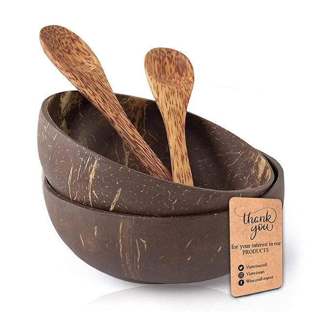 Organic Coconut Bowls with Spoons – Set of 2 Polished with Coconut Oil Handmade, Vegan, Natural, Eco Friendly, Reusable Bowl for Breakfast, Serving, Decoration, Party