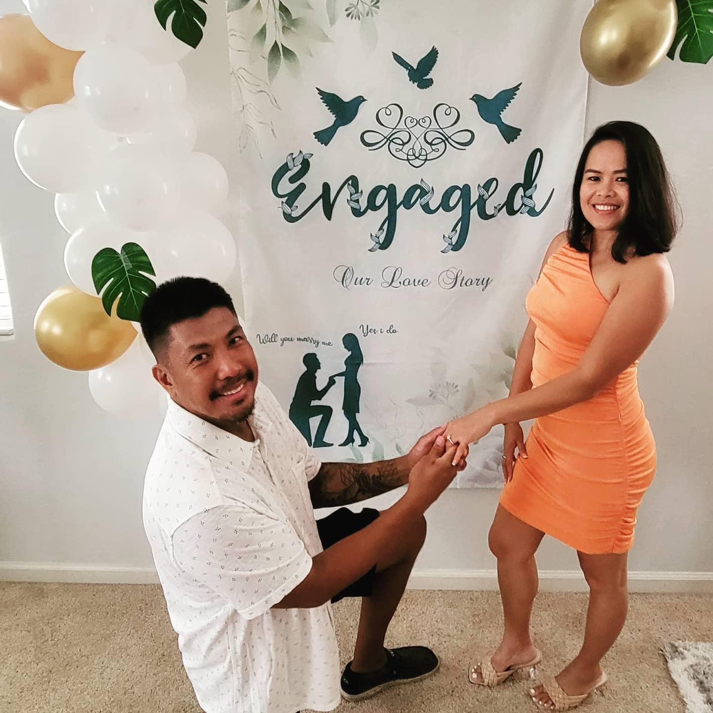 During our engagement party with family and friends!