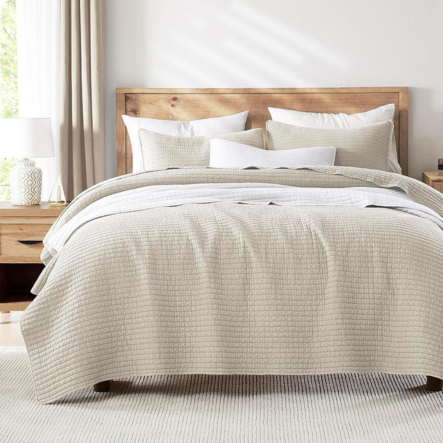 WDCOZY Beige Oversized King Size Quilt Set, Muslin Cotton Shell Down-Alt Poly Filling, California Cal King Shabby Chic Rustic Farmhouse Country Bedspread, Textured Gauze Coverlet Bedding, 2 Shams