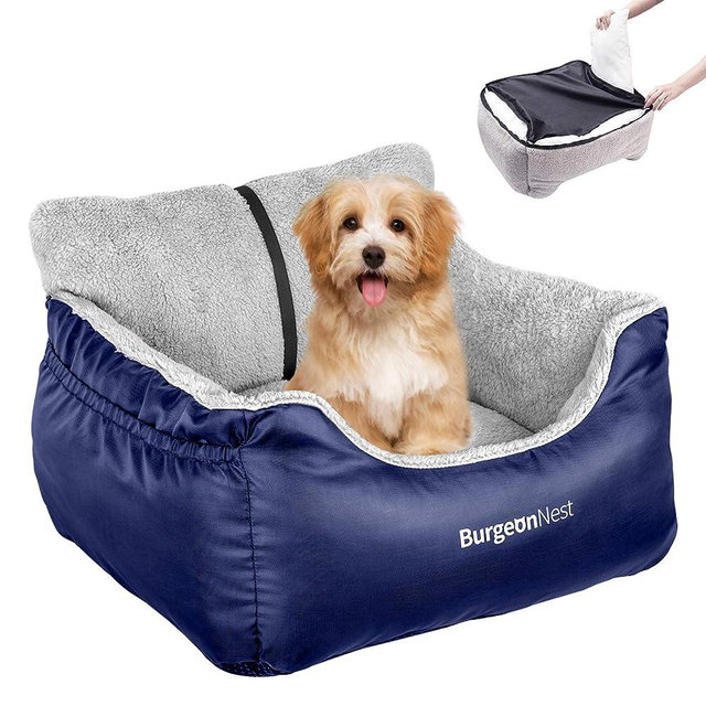BurgeonNest Dog Car Seat for Small Dogs, Fully Detachable and Washable Dog Carseats Small Under 25, Soft Dog Booster Seats with Storage Pockets and Clip-On Leash Portable Dog Car Travel Carrier Bed