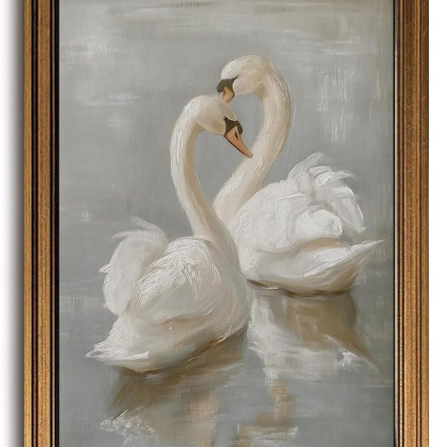 Gold Framed Wall Art Vintage White Swan Canvas Art Farmhouse Animals Picture Wall Decor Antique Prints Rustic Paintings Country Artwork for Bedroom Bathroom Living Room 16x24 Inch