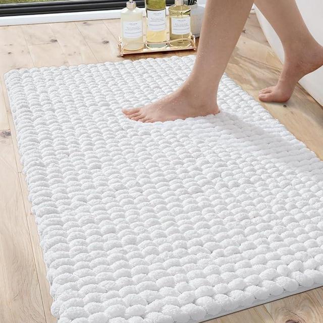 DEXI Bathroom Rugs 24x36, Non Slip Washable Bath Mat, Luxury Chenille Super Absorbent Thick Bathmats for Shower Floor, Plush Fluffy Shaggy Carpet for Tub, White