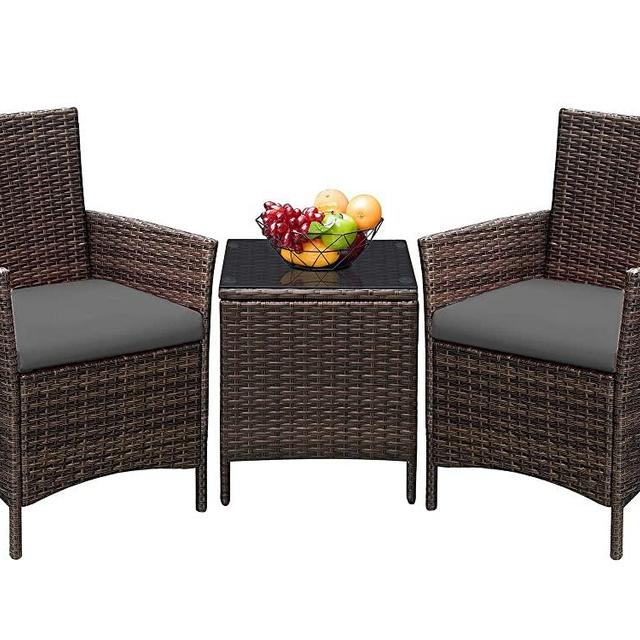 Greesum 3 Pieces Outdoor Patio Furniture Sets, PE Rattan Wicker Chair Conversation Sets with Soft Cushion and Glass Coffee Table for Garden Backyard Porch Poolside, Brown and Gray