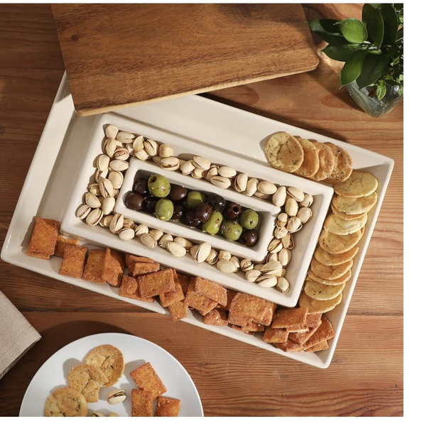 Gibson Elite 3-Section Stoneware Serving Tray with Acacia Lid – Taupe Rectangular Chip & Dip, Condiment, Snack and Appetizer Server for Parties & Entertaining