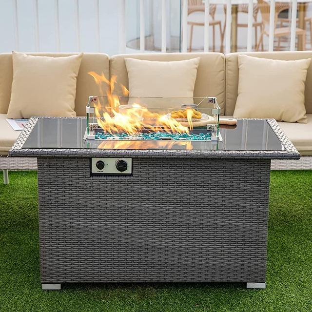 44" Outdoor Propane Gas Fire Pit Table with Tempered Glass Tabletop, 50,000 BTU Auto-Ignition Rattan Wicker Patio Firepit Table with Glass Wind Guard, Natural PE Rattan,ETL Certification (Grey)