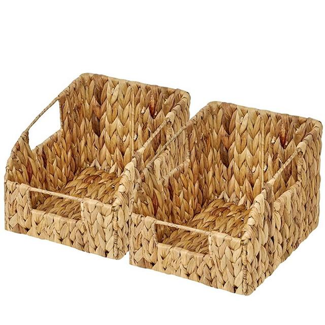 BARIEN Natural Water Hyacinth Storage Baskets, Rectangular Wicker Basket with Built-in Handles, Hand Woven Baskets for Organizing, 10” x 8” x 7”, 2-Pack