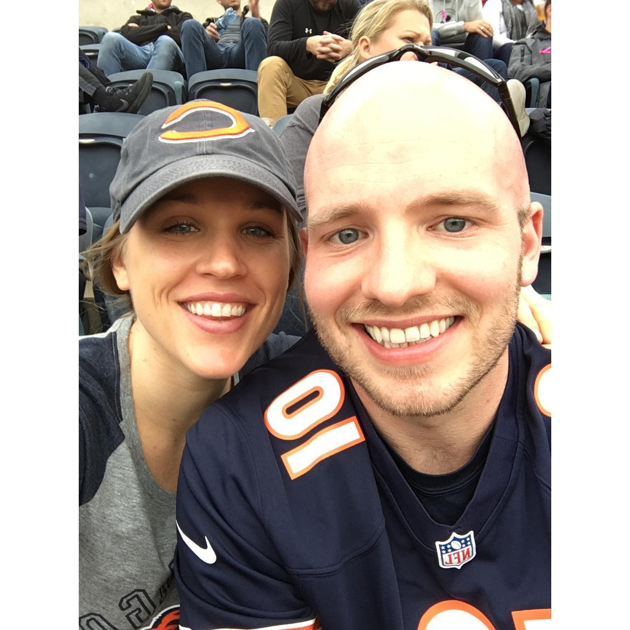 (October 2017) Jake and Sarah's first Bears game together. And they won!