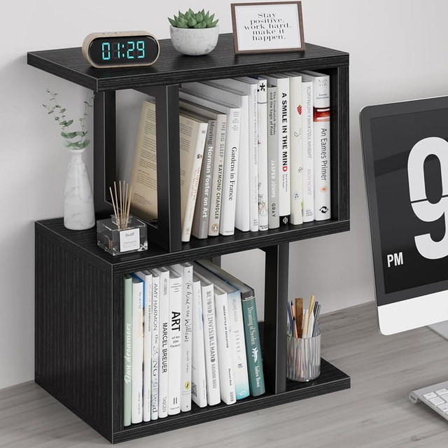 IGERI Desktop Bookshelf Shelf for Top of Desk - Black Small Organizer 3-Tier Shelves Storage Bookcase Hutch for Dorm Office College Table Top Organization Shelving Decorations for Women Office