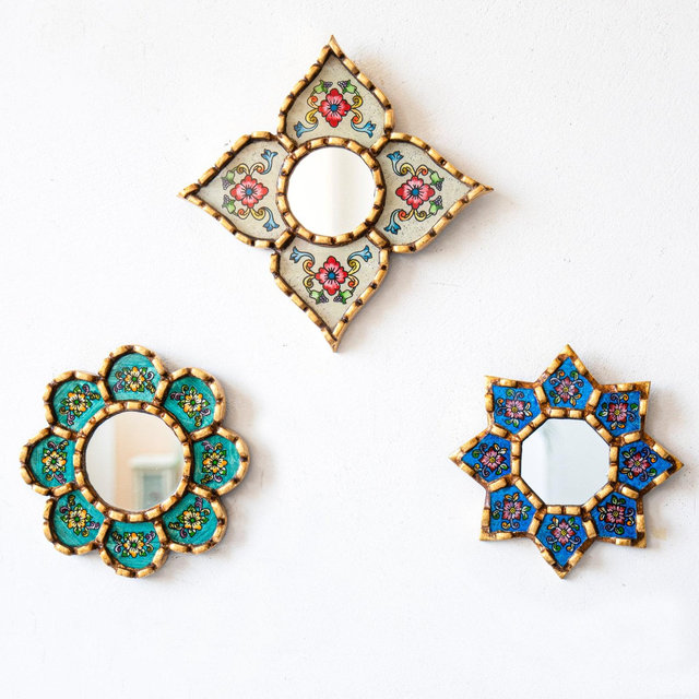 Small Accent Wall Mirror set 3, Decorative Colorful mirror 6" for room decor, Peruvian Mirrors with bronze leaf , Ships from USA/Canada