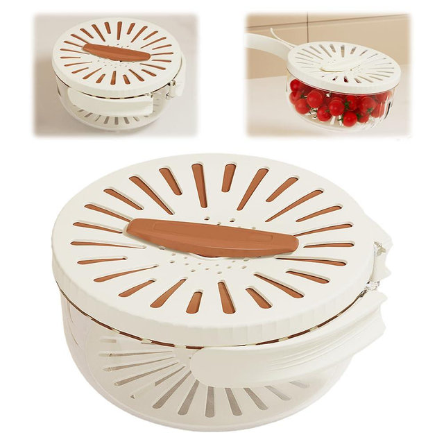 Multifunctional Fruit and Vegetable Washing Bowl, 2025 New Fruit Drainer Container with Handle and Cover, 2-in-1 Drainer, Bilayer Collapsible Fruit Washing Basket (Brown)