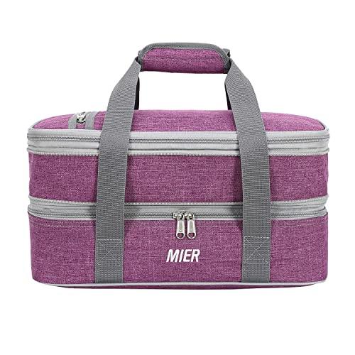 MIER Insulated Double Casserole Carrier Thermal Lunch Tote for Potluck Parties, Picnic, Beach, Fits 9 x 13 Inches Casserole Dish, Expandable, Purple