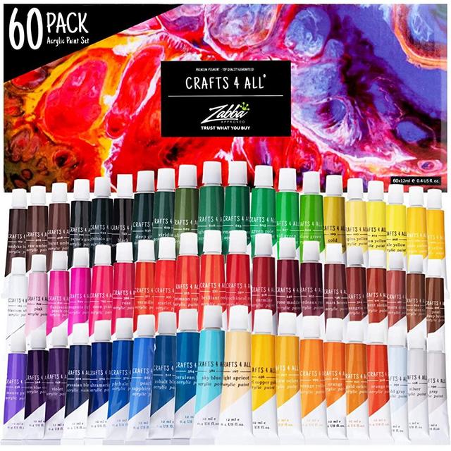 Acrylic Paint Set by Crafts 4 ALL Perfect for Canvas, Wood, Ceramic, Fabric. Non Toxic & Vibrant Colors. Rich Pigments Lasting Quality for Beginners, Students & Professional Artist (60 Color Pack)