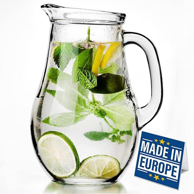 Glass Water Pitcher with Lid and Spout, Jug with Glass Handle for Iced Tea Juice Water Soda, Old-Fashioned Classic Beverage Pitcher and Carafe, 62 oz Capacity, Red Lid