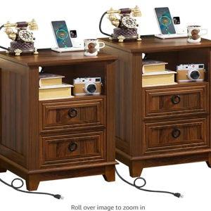 18" Farmhouse Night Stands Set of 2 with Charging Station, 2 Drawers End Table Dresser for Bedroom, Brown Wooden Nightstand, Bed Side Table with Open Shelf, Bedside Cabinet for Living Room
