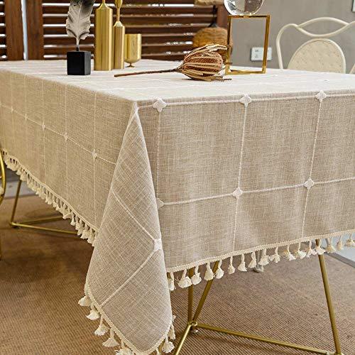 Deep Dream Tablecloths, Embroidered Checkered Table Cloth Cotton Linen Wrinkle Free Anti-Fading Table Cover Decoration for Kitchen Dinning Party, 55 x 102 Inch - Light Brown