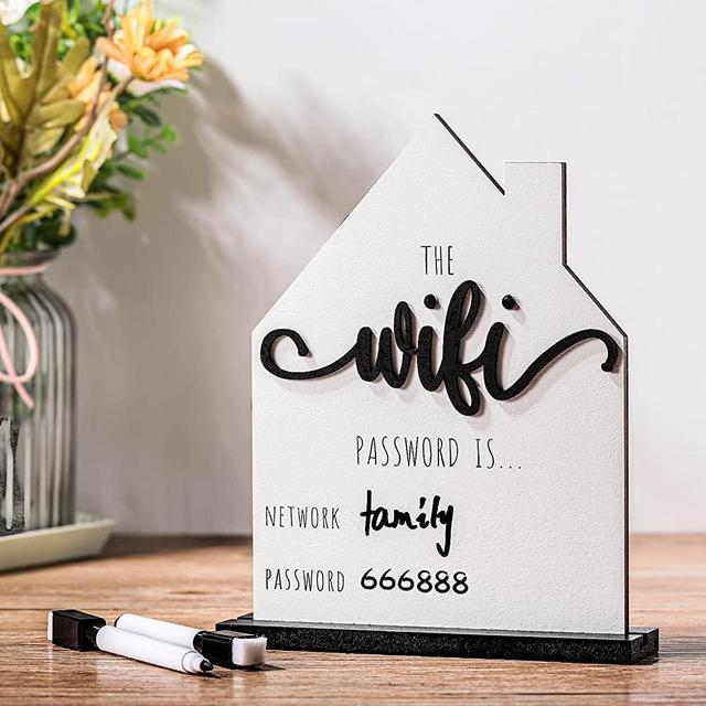 WiFi Password Sign for Home Wooden Table WiFi Sign Wooden WiFi Sign with Board Erasable Pen Chalkboard Table Centerpieces Decoration for Home Business and Guests (White Board, White Pen)