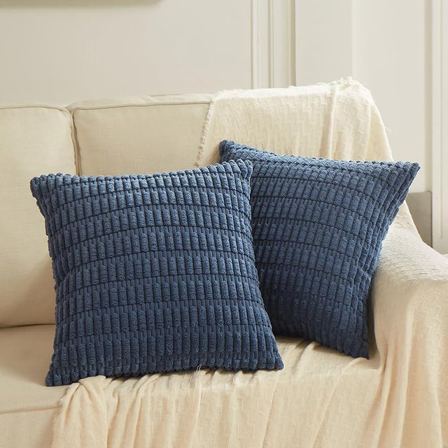 Fancy Homi 24x24 Pillow Covers, 2 Packs Dusty Blue Throw Pillow Covers with Stripe Pattern, Super Soft Corduroy Square Solid Cushion Cover for Couch Sofa Bedroom Living Room 60x60 cm