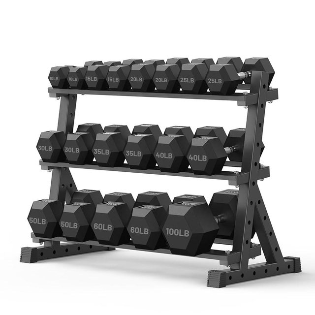 PAPABABE Hex Dumbbell Set with Rack, Rubber Encased Free Weight with Weight Storage Racks, Multiple Weight Options for Home Gym and Fitness
