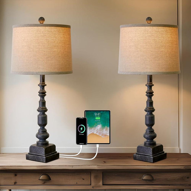 Oneach 27.75” Vintage Farmhouse USB A+C Table Lamps Set of 2 for Living Room Bedroom Traditional Bedside Nightstand Lamp Retro Resin Lamps Linen Shade Nightstand Home Office Antique Black Accent