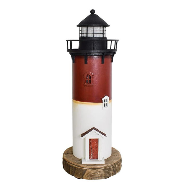 Morning View Wood Lighthouse Decor Nautical Lighted Light House Beach Coastal Ocean Decorations Table Seaside Marine Themed Home Decor Lake House Bathroom Shelf Table Centerpiece 12.2 Inch (Red White)