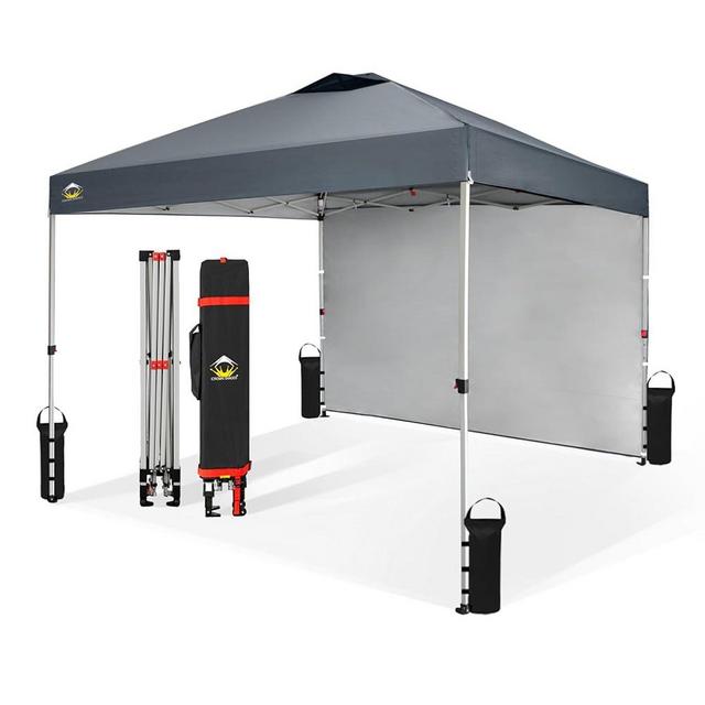 CROWN SHADES 10x10 Pop Up Canopy with 1 Side Wall - Beach Tent with One Push Setup - Outdoor Sun Shade for Events, Parties, Camping - Gazebo with STO-N-Go Cover Bag (Grid Grey)