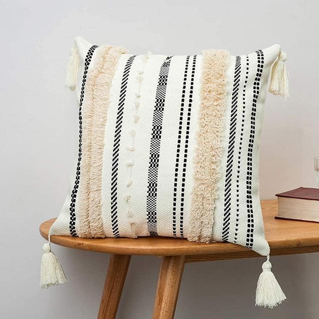blue page Morocco Tufted Boho Pillow Covers 18X18 - Comfy Woven Tassels Pillow Cases, Modern Accent Pillows for Bed, Soft Farmhouse Cushion Case, Stripe Textured Square Pillows Cover (Black Khaki)