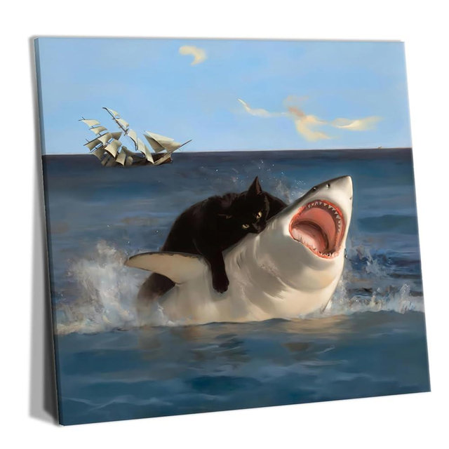 Yaneiro Framed Black Cat Bathroom Wall Art, Funny Quirky Cat and Shark Pictures Canvas Print, Abstract Black Cat Shark Posters Wall Decor for Room Bedroom Living Room Bathroom 20x20 in