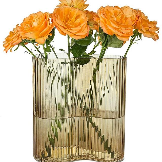 MOLIMAO Glass Vase for Centerpieces,Modern Large Vase for Flowers,Footprint Shape Striped Bottle for Home,Office Restaurant Desk Decor 8.3 Inch(Brown)