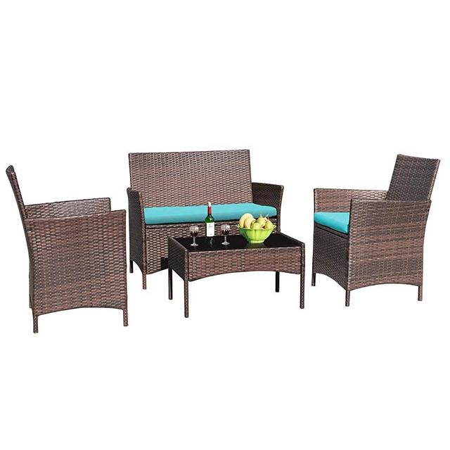 Greesum 4 Pieces Patio Outdoor Rattan Furniture Sets, Wicker Chair Conversation Sets, Garden Backyard Balcony Porch Poolside Furniture Sets with Soft Cushion and Glass Table, Brown and Blue
