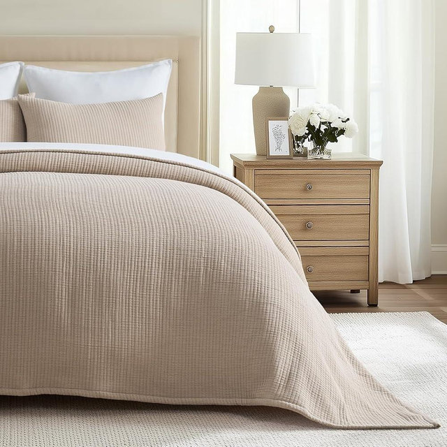 EVERGRACEHOME Cotton Gauze Full Queen Bedspread, Ultra Soft Prewashed Pick Stitch Matelassé Coverlet, Lightweight Textured Oversized Queen Quilt Bedding Set for All Season, with 2 Shams, Khaki Tan