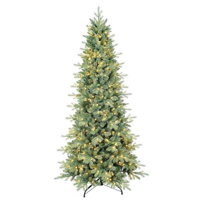 7 FT Prelit Artificial Skinny Christmas Tree,Blue Spruce Slim Pencil Xmas Tree with 1552 PE&PVC Mixed Branch Tips and 400 UL Listed Clear Lights,Hinged Pine Tree with Metal Stand for Home Office Décor