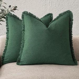 Foindtower Set of 2 Decorative Linen Fringe Throw Pillow Covers Cozy Boho Farmhouse Cushion Cover with Tassels Soft Accent Pillowcase for Couch Sofa Bed Living Room Home Decor, 20×20 Inch, Pine Green