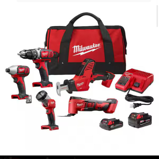 Milwaukee M18 18V Lithium-Ion Cordless Combo Kit (5-Tool) with (2) Batteries, Charger and Tool Bag 2694-25