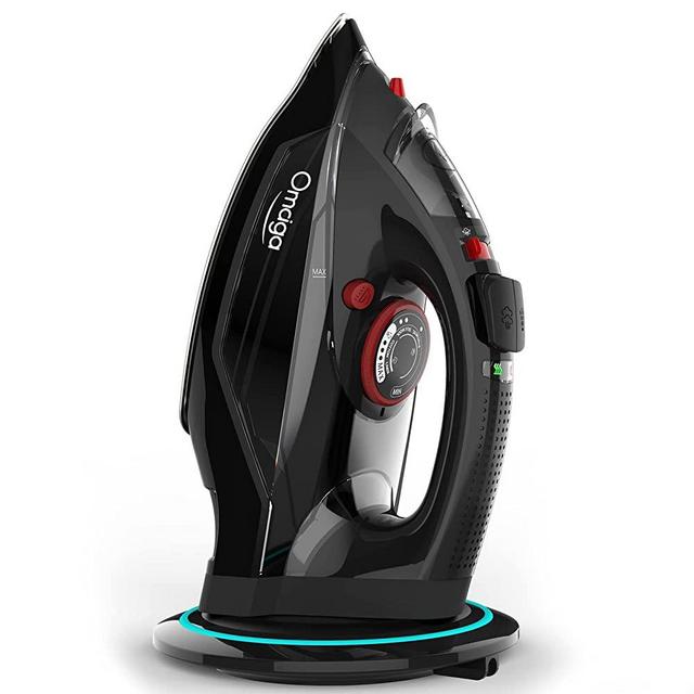 [2022 Upgraded] OMAIGA Cordless Iron, 1500W Cordless Iron with Steam - Cordless Iron for Clothes with 11.84oz Water Tank, Anti Drip Iron Cordless with Ceramic Soleplate, Iron for Clothes with 3 Temperature Settings-BLACK