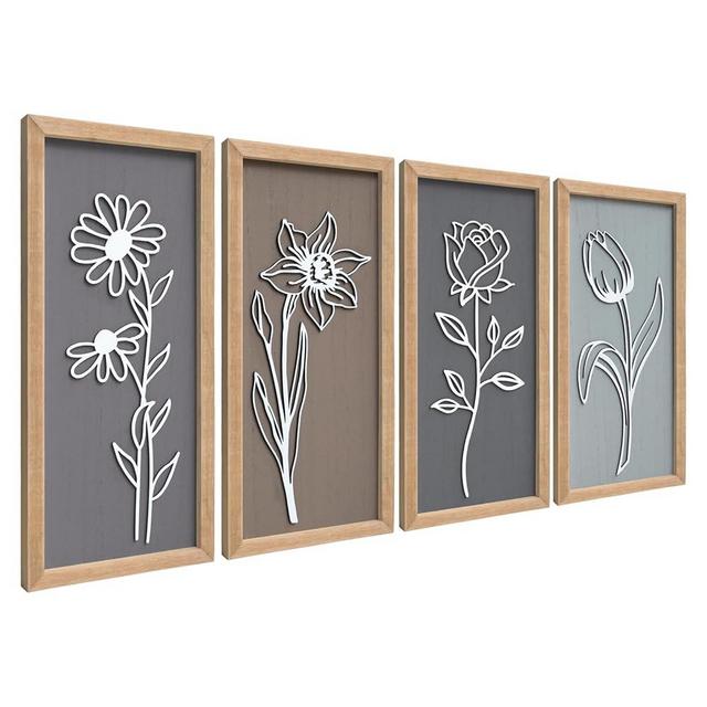 3D Wooden Floral Framed Wall Decor of 4, 7"X16" Farmhouse Vintage Boho Minimalist Flower Wall Art for Living Room, Rustic Retro Moody Vertical Tulip Rose Daisy Daffodil Botanical Wall Sculptures