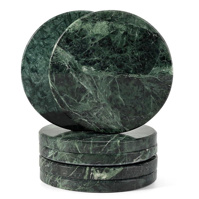 Koville Green Marble Coasters Set of 6, 3.9 Inch Round Coaster for Drinks, Drink Coaster for Tabletop & Coffee Table Decor, Ideal Home Decor House Warming Gifts, Luxury Aesthetic Stone Coasters