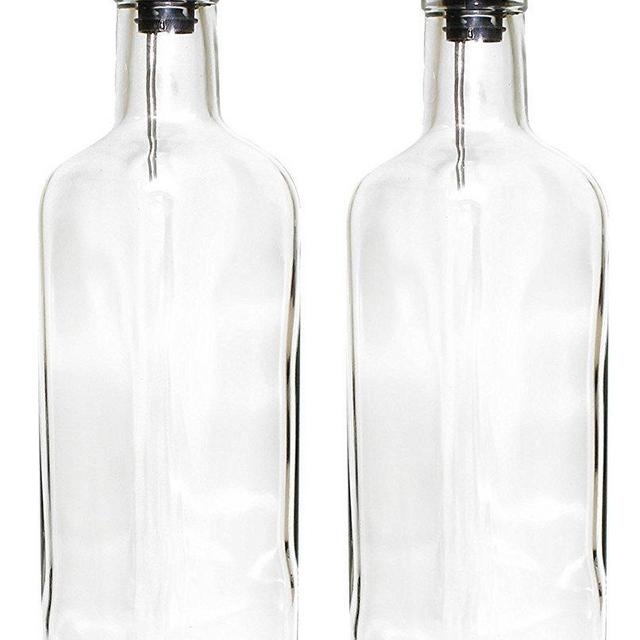Oil & Vinegar Glass Dispenser Bottles with Removable Pour Spout, Tall Square 16-Ounce Cruets Featuring Flip Top Pourer (Set of 2)