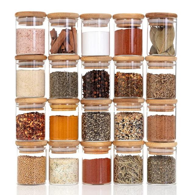 Bloomondo Empty Spice Jars with Label Pack (20x Bamboo Lid Glass Jar). Small 2.5oz Spice Storage Bottles with 112 Printed Spice Labels Stickers and 48 Writable Pantry Labels for Seasoning Containers