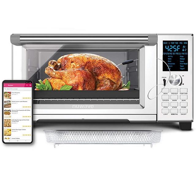 NuWave Bravo XL Convection Air Fryer Oven with Crisping and Flavor Infusion Technology (FIT) with Integrated Digital Temperature Probe for Perfect Results; Non-Stick Enamel Baking Pan; 12 Programmed Presets; 3 Fan Speeds; 5 Quartz Heating Elements; Precision Temperature Control from 100°F to 450°F in 5°F Increments; Cook up to a 10 LB. Chicken, 13 inch Pizza, or 9 Slices of Toast; Air Fry, Broil, Bake, Roast, Grill, Toast; Dehydrate, Warm, and Reheat