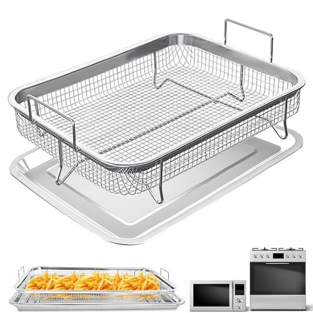 Air Fryer Basket for Oven,2 Pieces 11.8 * 8.8'' Non-stick Stainless Steel Mesh Grill Basket Air Fryer Baking Tray Accessories Rack Roasting Basket for Convection Oven with Air Fryer, Dishwasher Safe