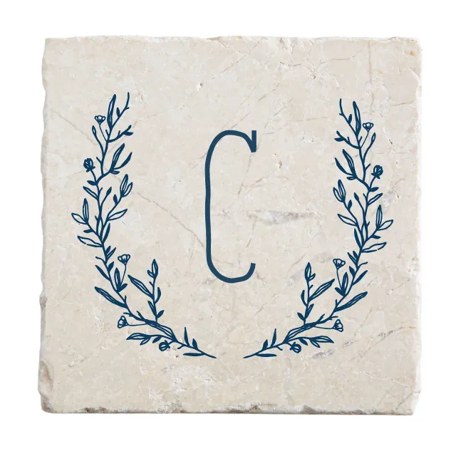 Personalization Mall Farmhouse Floral Personalized Letter Tumbled Stone Coaster Set, C