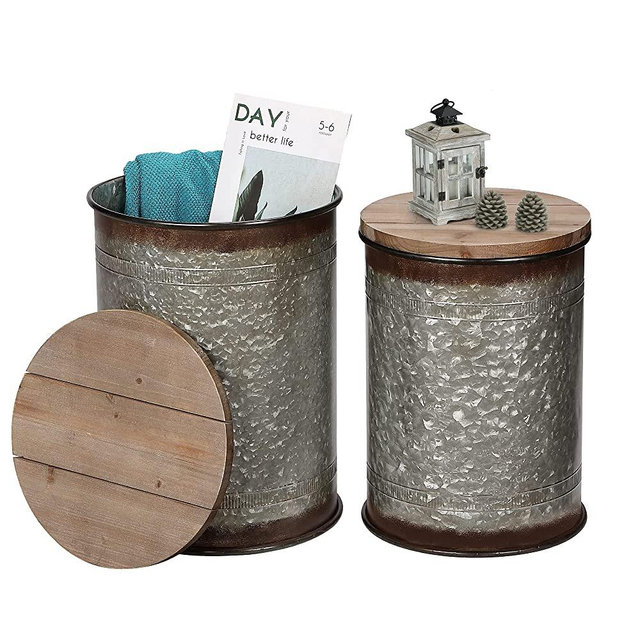 Farmhouse Accent Side Table, Rustic Storage Ottoman Seat Stool, Galvanized Antique Metal End Table Box Bin with Round Wood Lid, Coffee or Cocktail Table, Nesting Pieces Two (Galvanized)