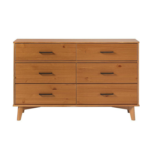 Walker Edison Sloane 6-Drawer Solid Wood Dresser with Metal Handles, 52 Inch, Caramel