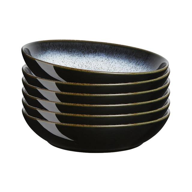 Denby - Halo Coupe Pasta Bowls Set of 6-35.5 Ounce Reactive Glaze Dishwasher Microwave Safe - Scratch Chip Resistant - Grey, Black Ceramic Stoneware Tableware