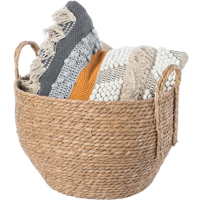 Vintiquewise Decorative Round Wicker Woven Rope Storage Blanket Basket with Braided Handles - Large